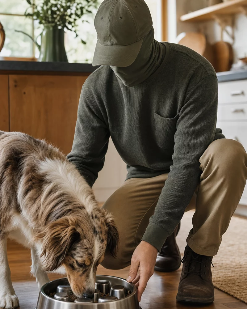 Ethan Walker, founder of Graze, feeding his dog with a Graze stainless steel slow feeder bowl in his home kitchen